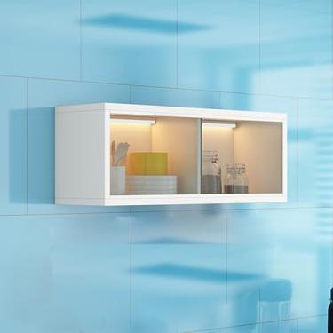 Imagem de Vitrine de vidro de madeira maciça com sensor de luz, armazenamento estreito de cozinha e banheiro com portas deslizantes esquerda/direita, suporte de exibição de madeira branca elegante para quarto e