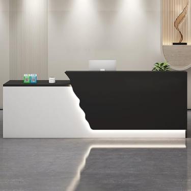 Imagem de Mesa de recepção moderna com gaveta trancável e bandeja de teclado, mesa de balcão frontal de varejo para caixa, balcão de recepção branco para loja de varejo ou escritório, 140 x 60 x 100 cm