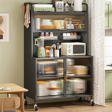 Imagem de Rack de armazenamento de madeira montado na parede, prateleira de cozinha de 5 camadas com armário e acessórios, prateleiras grandes de metal para garagem, despensa e cozinha doméstica - perfeita para