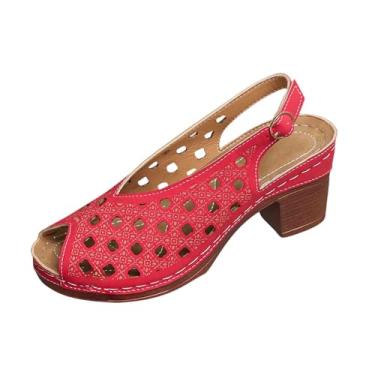 Imagem de Sandálias femininas ocas de uma tira com sola grossa e salto grosso, calçado casual de verão para uso ao ar livre., Vermelho, 36