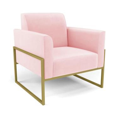 Imagem de Poltrona Base Industrial Alta Dourado Marisa Suede Rosa Bebê D03 - D\'rossi
