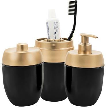 Imagem de Kit Conjunto Acessórios De Pia Banheiro Lavabo Preto Tampa Dourado 3 Peças Forma Dispenser Sabonete