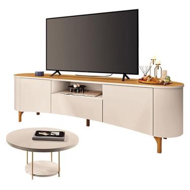 Imagem de Rack Bancada Elara Off White Cinamomo com Mesa de Centro Sky Off White - HB Móveis