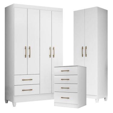 Imagem de Guarda Roupa Solteiro Chile com Cômoda MS913 e Armário Multiuso New Íris Branco Brilho – Moval