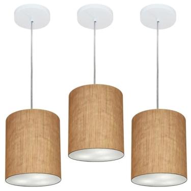Imagem de Kit 3 Lustres Pendentes Cilíndricos MD-4012 Cúpula em Tecido 18x25CM Palha Vivare Brasi...