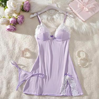 Imagem de Camisola Sexy De Renda Com Decote Em V Profundo Na Cor Roxo Claro, Con