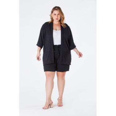 Imagem de Kimono Plus Size Barra Reta Manga 3/4 Crepe Preto Aline, G1