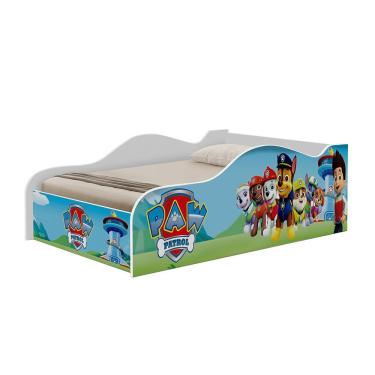 Imagem de Cama Infantil Carro Mini Temática Adesivada Branco com Grade de Proteção Patrulha Canina