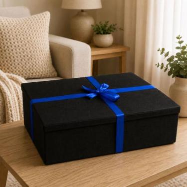 Imagem de Kit 2 Caixas de Presente Forrada Preta com Laço Tamanho G 42x15x28cm -