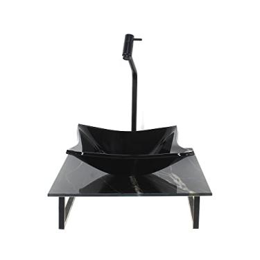 Imagem de KIT CUBA DE VIDRO QUADRADA 10MM COM TAMPO DE VIDRO 40CM X 40CM MÁRMORE PRETO E SUPORTE PRETO