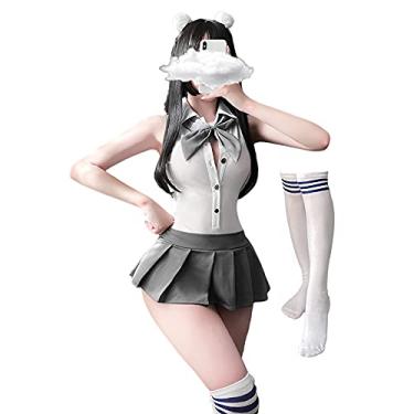 Imagem de SINGUYUN Womens Sexy Schoolgirl Outfits Lolita Lingerie Student Tight Net Clothes Uniform Pleated Skirt Cosplay Dress (7963White)