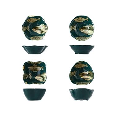 Imagem de Pratos de molho 4 peças tigela de molho conjunto de pratos de cerâmica talheres prato de sushi japonês colorido esmaltado sob esmalte doméstico prato de tempero tigelas de imersão