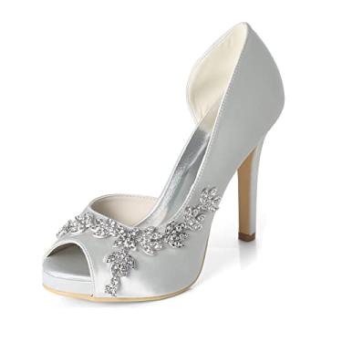 Imagem de Sapatos de noiva de casamento feminino stiletto marfim peep toe cetim sapatos de salto alto com strass 35-42,Silver,2 UK/35 EU