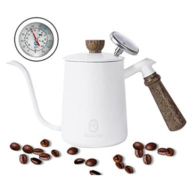 Imagem de Cafeteira Chaleira Bico de Ganso de Café Com Termômetro, de Aço Inoxidável Com Cabo de Madeira 600ml (Branco)