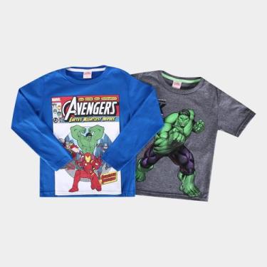 Imagem de Kit Camiseta Infantil Marvel Malha Avengers Hulk Menino - 2 Peças