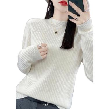 Imagem de Suéteres para mulheres suéter de lã semi-gola alta manga comprida pulôver suéter solto com gola redonda (Color : White, 32-33, 3435, 36-37, 38-39, 40-41, 42-43, 44-45, 46-47 : S)