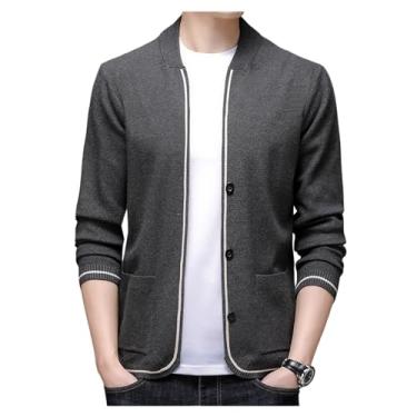 Imagem de Cardigã masculino tricotado gola alta suéter slim casual botão conforto bolso jaqueta, Cinza, 3G