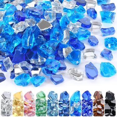 Imagem de GasSaf Vidro de fogo de 1/2 polegada reflexivo temperado corte de vidro de fogo esmagado para lareira, lareira e mesa de lareira, (9 kg) (azul cobalto, azul oceano, mistura transparente, brilho cristalino)