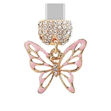 Imagem de ELISE & FONDA TP198 Tipo-C porta de carregamento USB cristal antipoeira pingente borboleta pingente de telefone celular para telefones Samsung Galaxy/Huawei/OnePlus/Xiaomi/oppo Android (rosa),