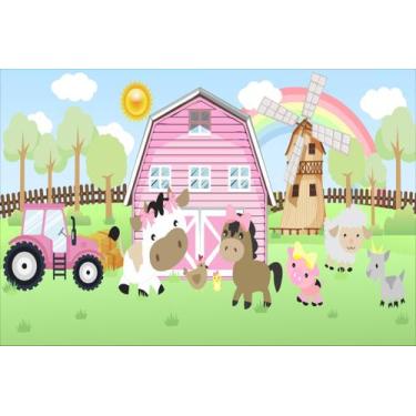 Imagem de Painel de Lona Fazendinha Celeiro Rosa Animais no Campo 300x200cm - Fa
