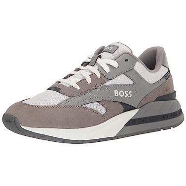 Imagem de BOSS Tênis masculino de couro inspirado em corrida, Cinza, cintura alta, 45
