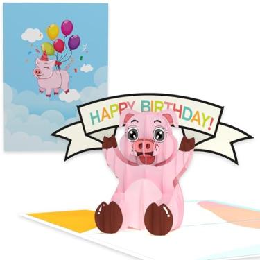 Imagem de Cartão de aniversário fofo pop up | Porco pop-up 3D segurando cartão de feliz aniversário | Pequeno sinal de porquinho pode ser substituído por dinheiro | Cartões de aniversário adoráveis de cofrinho