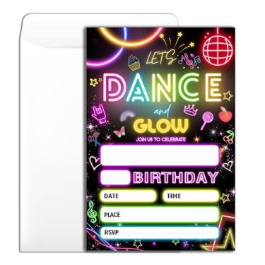 Imagem de Convite de festa de aniversário Let's Dance And Glow 20 Retro Neon Theme Party Birthday Convite com envelopes para mulher, homem, rapazes, raparigas, cartões de convite para festas-10 × 15 cm-B005