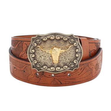 Imagem de HOBBIESAY Cinto masculino de couro caubói cowgirl country rodeio cabeça de vaca fivela cinto longhorn touro padrão fivela cinto gravado couro PU cinto para mulheres homens calças jeans vestidos