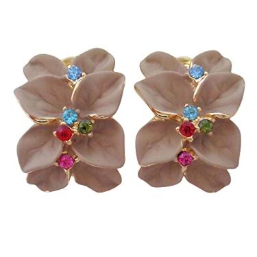 Imagem de Navachi Brincos de cristal colorido banhado a ouro 18 k com folhas esmaltadas e flores omega, Zinco Cristal, Cristal