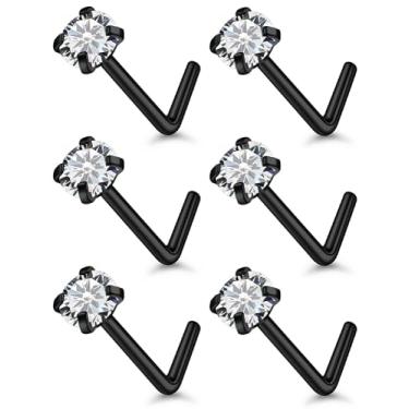 Imagem de Qiwnswoy Anéis de nariz de titânio de aço inoxidável 18G, 20G, 22G, para mulheres, em forma de L, sem piercing de nariz, joia para mulheres e homens, prata, ouro, preto, Metal Cristal, Zircônia cúbica