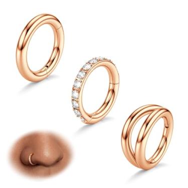 Imagem de BodyBonita 3 argolas de nariz - anéis de nariz de aço cirúrgico 316L com argola dupla 16G/18G/20G CZ articulada piercing de concha joias septo clicker piercing lábio brinco helix torre tragus daith 7
