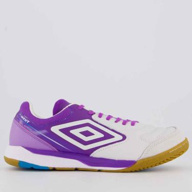 Imagem de Chuteira Umbro Adamant Master Class Pro Bump Futsal Branca e Roxa  unissex