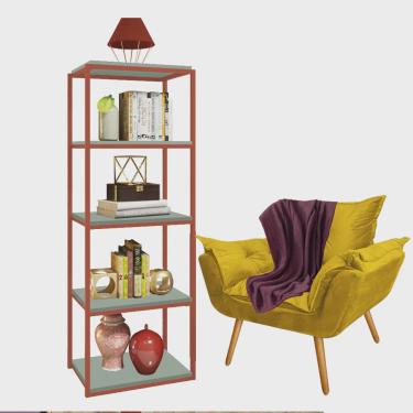 Imagem de Kit Poltrona Fatte com Manta Soft Bordô e Estante Livreiro Ferro Bronze mdf Verde Oliva Suede Amarelo - Ahazzo Móveis