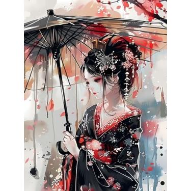 Imagem de UPABLUNSO Kit de pintura de diamante engraçado de mulher japonesa segurando um guarda-chuva para adultos, faça você mesmo, arte de diamante, guarda-chuva 5D, pontos, kits de pintura, artesanato para