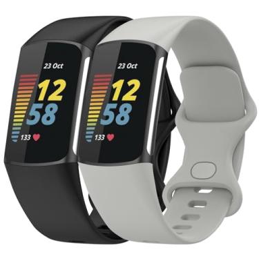 Imagem de Anuoli Pacote com 2 pulseiras compatíveis com Fitbit Charge 6 Charge 5, pulseira de substituição de silicone macio para mulheres e homens (preto_cinza, pequeno (14 cm a 19,8 cm)