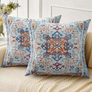 Imagem de ZSYTZL Conjunto de 2 capas de almofada Boho 40,6 x 40,6 cm, estampa de tapete boêmio de linho, decorativo, sala de estar, sofá-cama, capa de almofada quadrada - azul laranja