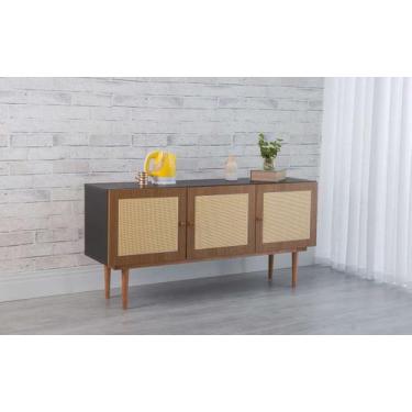 Imagem de Balcão Buffet Pés Palito Madeira 3 Portas Mdf E Palhinha Estilo Retrô 