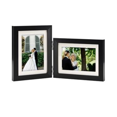Imagem de SaZiCat Moldura com dobradiça dupla, 12 x 18 cm, vidro temperado, mesa ou parede, para fotos de 10 x 15 x 18 cm (com/sem tapete), preto clássico, para fotos de família e memórias de casamento - H5775