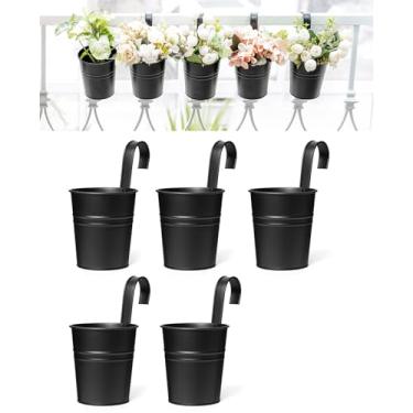 Imagem de Dahey 5 vasos de flores pendurados, 10 cm, balde de ferro de metal, plantador externo para cerca de corrimão, varanda, jardim, decoração de casa, suportes de flores com ganchos destacáveis, preto