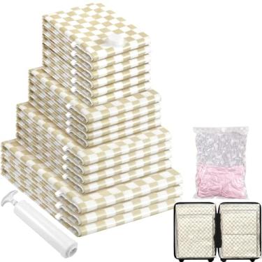 Imagem de Pacote com 17 sacos de armazenamento a vácuo, sacos de vedação a vácuo para roupas com bomba de mão, 3 jumbos + 4 grandes + 4 médios + 6 pequenos, 80% de economia de espaço para bagagem, edredom