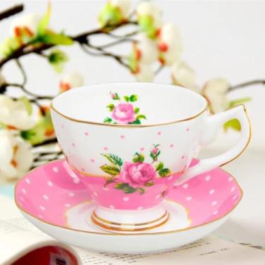 Imagem de OneUstar Conjunto de xícara de chá floral e pires com acabamento dourado, estampa de rosa de 236 g, conjunto de xícaras de café vintage de porcelana para mulheres, presente vintage com pires, conjunto de 1, rosa