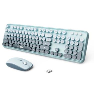 Imagem de Combo de teclado e mouse sem fio, máquina de escrever colorida de 2,4 GHz, teclado redondo de tamanho completo para escritório, computador, desktops, laptop (104 teclas azul verde)