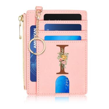 Imagem de Rvelidode Carteira fina feminina de couro fina com porta-cartões com chaveiro, presentes de aniversário personalizados para mulheres, irmã, namorada, letra I (rosa)