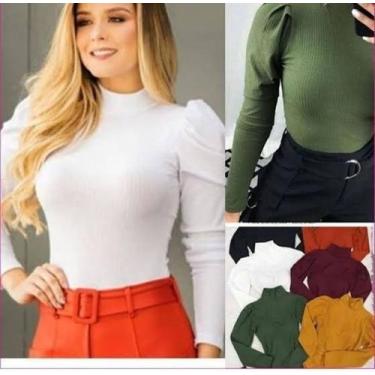 Imagem de blusa feminina malha canelada gola alta manga bufante longa - filo mod