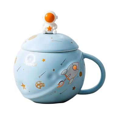 Imagem de NOSCOMP Caneca de café astronauta com tampa e colher | Planeta em relevo | Caneca espacial, cerâmica, universo criativo 3D à prova de vazamento portátil (Astronauta - azul claro, capacidade 400 ml)
