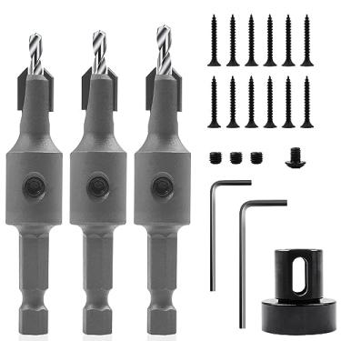 Imagem de KOWOOD Conjunto de 3 brocas escareadoras com haste sextavada de 6 mm com parada de profundidade ajustável para madeira, escareador de carpintaria de aço de alta velocidade, incluindo 2 chaves sextavadas e acessórios gratuitos