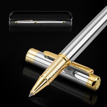 Imagem de ELIZO Caneta luxuosa chique, verdadeira, banhada a ouro 24K, cromada, prata, ótima caneta para presente, esferográfica, canetas Schmidt Ink EDC, canetas executivas, para homens e mulheres