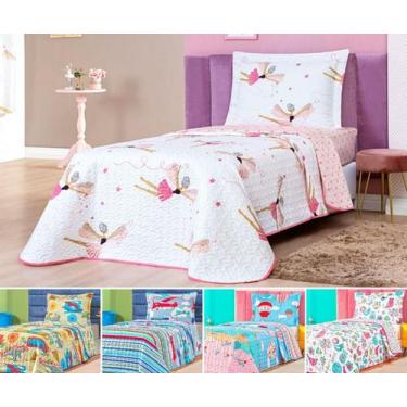 Imagem de Kit Colcha cama box solteiro infantil cobre leito dupla face cores mat