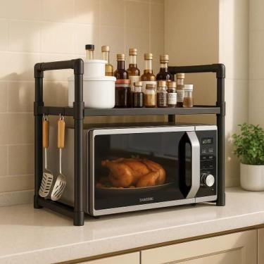 Imagem de Prateleira Microondas Organizador Forno Cozinha Rack Suporte Ganchos F