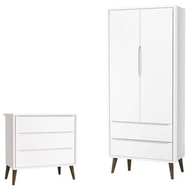Imagem de Cômoda Infantil Gaveteiro E Guarda Roupa 2 Portas Theo Branco Acetinado Com Pés Amadeirado ? Reller